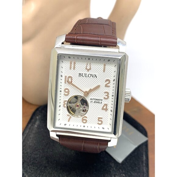 Bulova Men's Watch 96A268 Automatic Rectangular Silver Dial Brown Leather Band - Picture 1 of 14